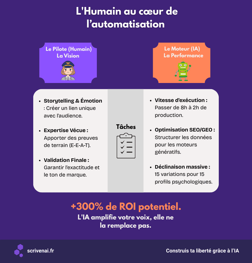 Infographie Scriven AI comparant le rôle de l'humain (Pilote) et de l'IA (Moteur) dans une stratégie de marketing de contenu IA performante. Le visuel détaille la synergie entre storytelling humain et vitesse d'exécution algorithmique pour atteindre +300% de ROI potentiel.