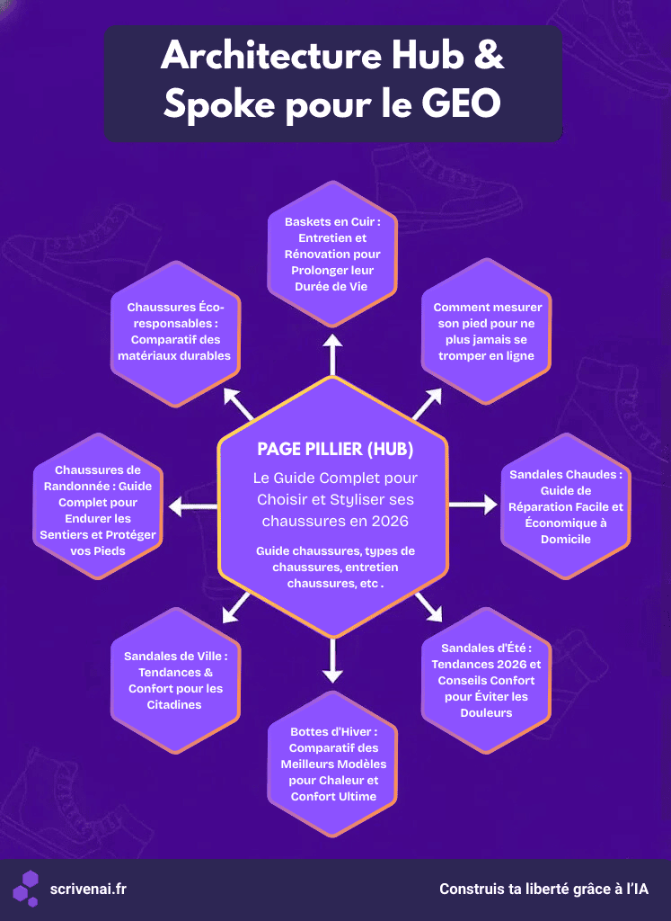 nfographie de l'architecture Hub and Spoke pour le GEO : schéma d'organisation de contenu pour blog sur les chaussures optimisé pour les moteurs de recherche génératifs et l'IA