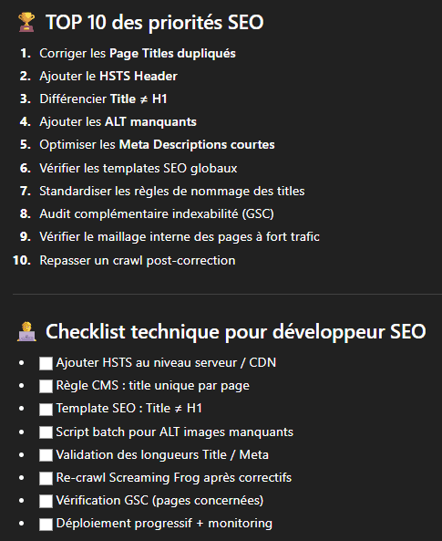 On peut analyser les résultats obtenus par Screaming Frog avec ChatGPT afin d'avoir un plan d'action